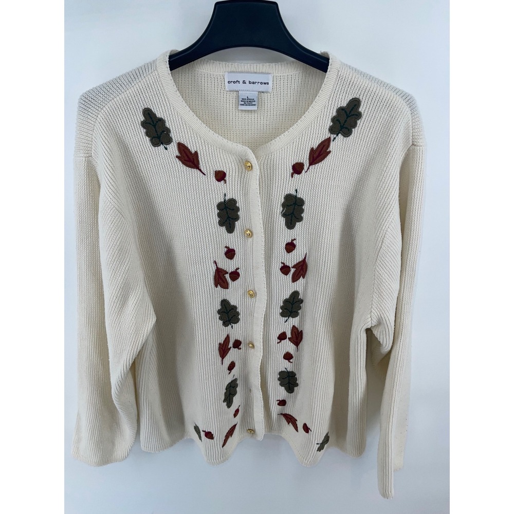 Croft & Barrow Cardigan Women Large Cream Excellent Embroidered Fall Leaves